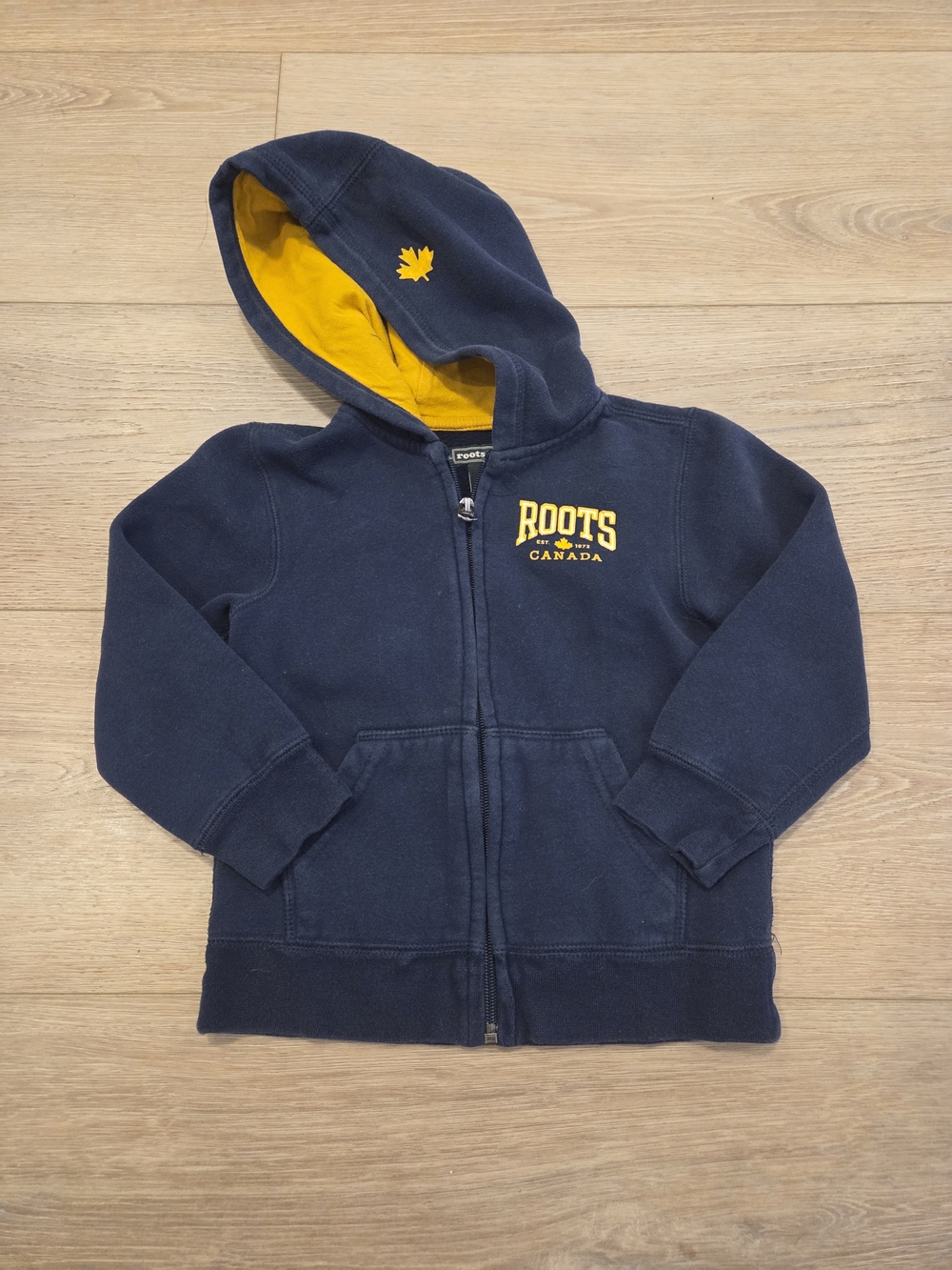 Roots Kids Navy Hoodie with Yellow Hood Lining